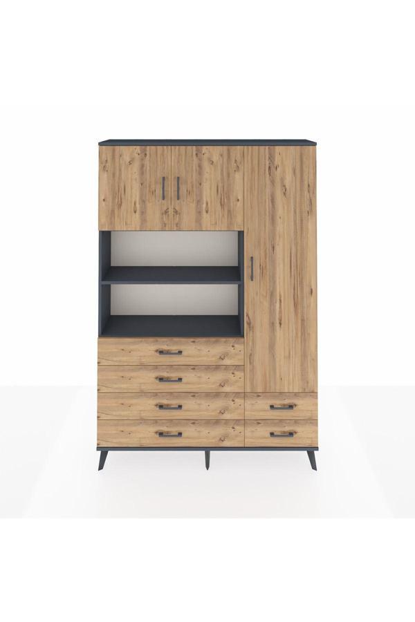Dienni Arges Gardrop 9 Raflı 6 Çekmeceli 3 Kapaklı 132 x 30 x 195 Antrasit-Çam - Image 1