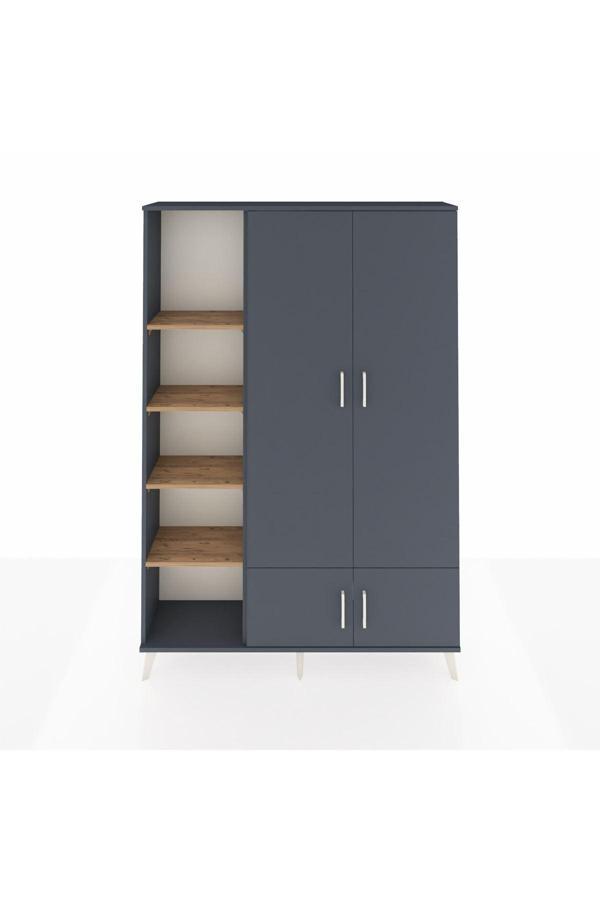 Dienni Arges Dolap 6 Raflı 4 Kapaklı Tek Askılı 132 x 30 x 195 Antrasit-Antrasit/Çam - Image 1