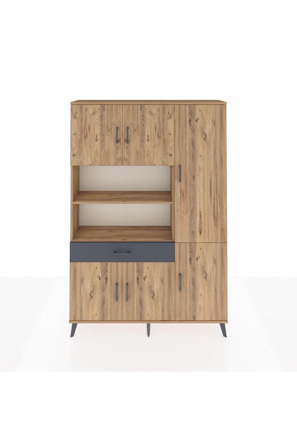 Dienni Arges Dolap 10 Raflı Tek Çekmeceli 6 Kapaklı 132 x 30 x 195 Çam-Çam/Antrasit - Image 1