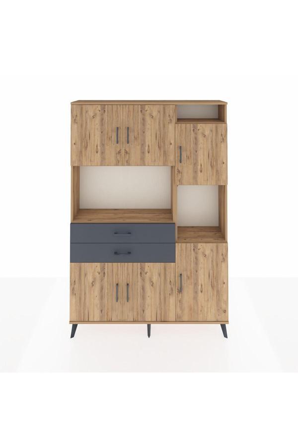 Dienni Arges Dolap 9 Raflı 2 Çekmeceli 6 Kapaklı 132 x 30 x 195 Çam-Çam/Antrasit - Image 1