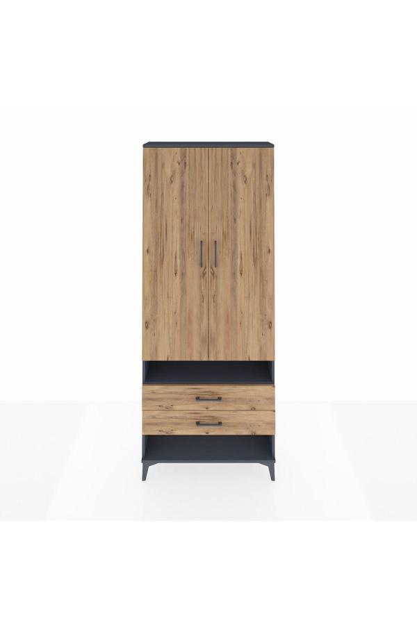 Dienni Arges Dolap 3 Raflı 2 Çekmeceli Tek Askılı 88 x 30 x 221 Antrasit-Çam - Image 1