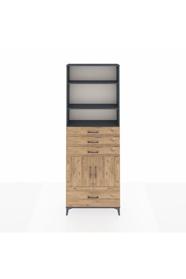 Dienni Arges Dolap 5 Raflı 4 Çekmeceli 2 Kapaklı 88 x 30 x 243 Antrasit-Çam - Image 1