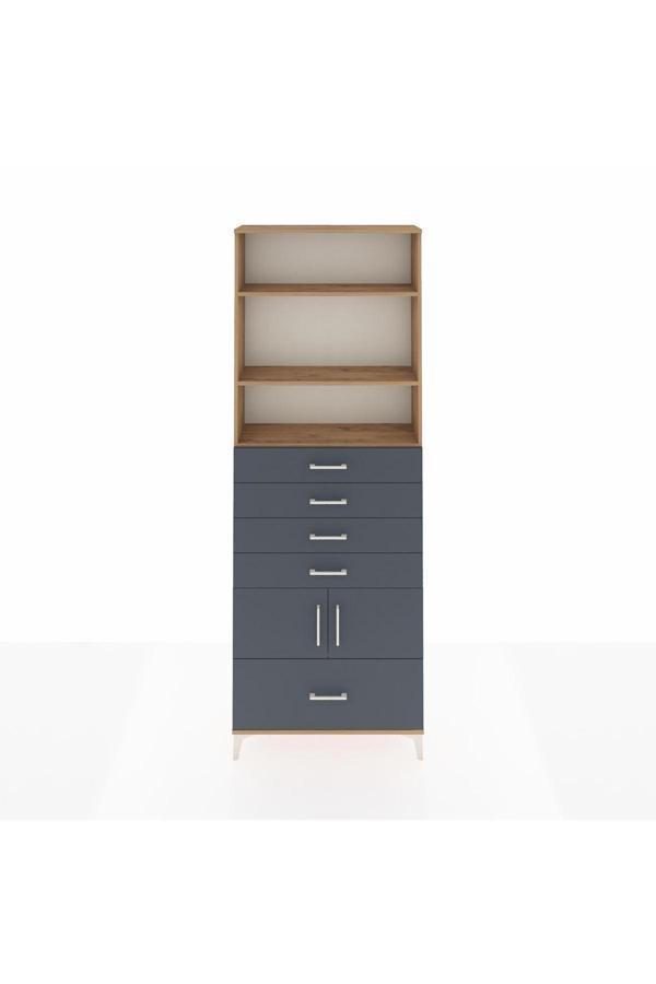 Dienni Arges Dolap 4 Raflı 5 Çekmeceli 2 Kapaklı 88 x 30 x 243 Çam-Antrasit - Image 1