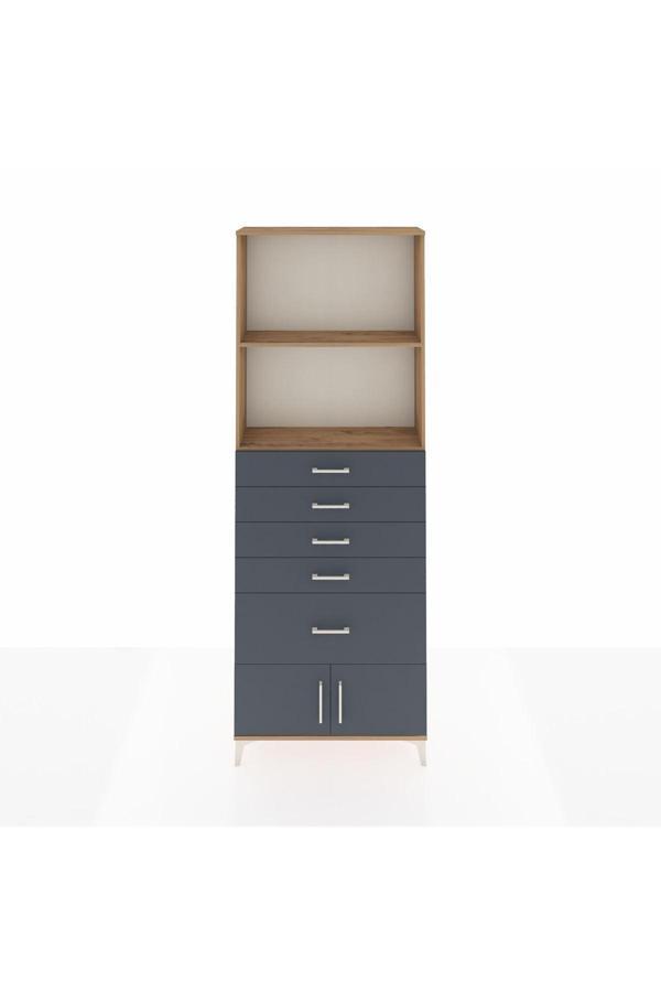 Dienni Arges Dolap 2 Raflı 5 Çekmeceli 2 Kapaklı 88 x 30 x 243 Çam-Antrasit - Image 1