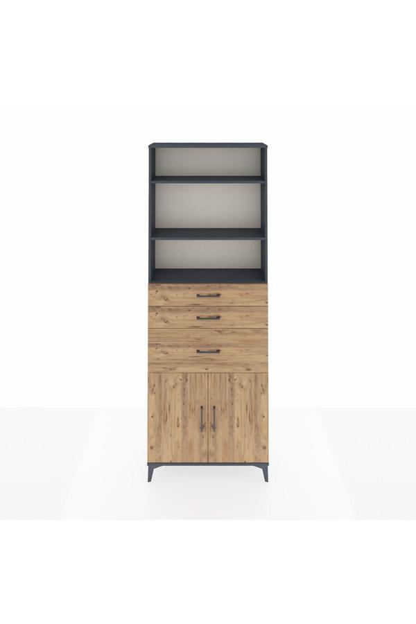 Dienni Arges Dolap 4 Raflı 3 Çekmeceli 2 Kapaklı 88 x 30 x 243 Antrasit-Çam - Image 1