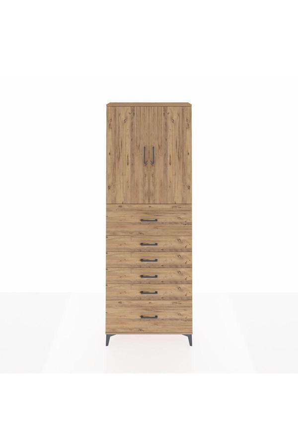 Dienni Arges Dolap 3 Raflı 6 Çekmeceli 2 Kapaklı 88 x 30 x 243 Çam-Çam - Image 1