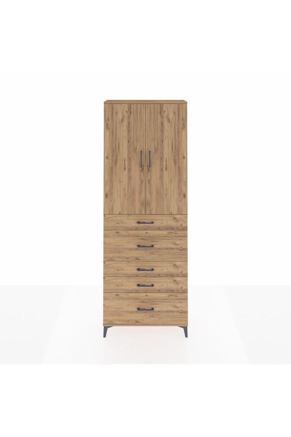 Dienni Arges Dolap 4 Raflı 5 Çekmeceli 2 Kapaklı 88 x 30 x 243 Çam-Çam - Image 1