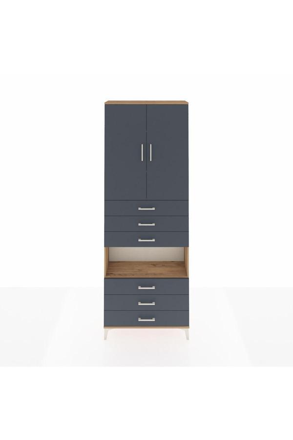 Dienni Arges Dolap 4 Raflı 6 Çekmeceli 2 Kapaklı 88 x 30 x 243 Çam-Antrasit - Image 1