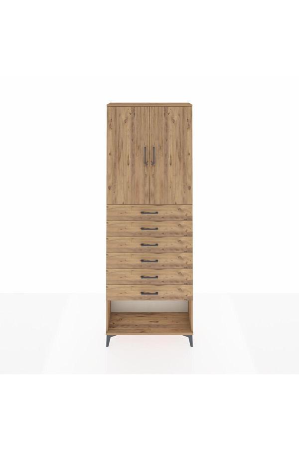 Dienni Arges Dolap 3 Raflı 6 Çekmeceli 2 Kapaklı 88 x 30 x 243 Çam-Çam - Image 1