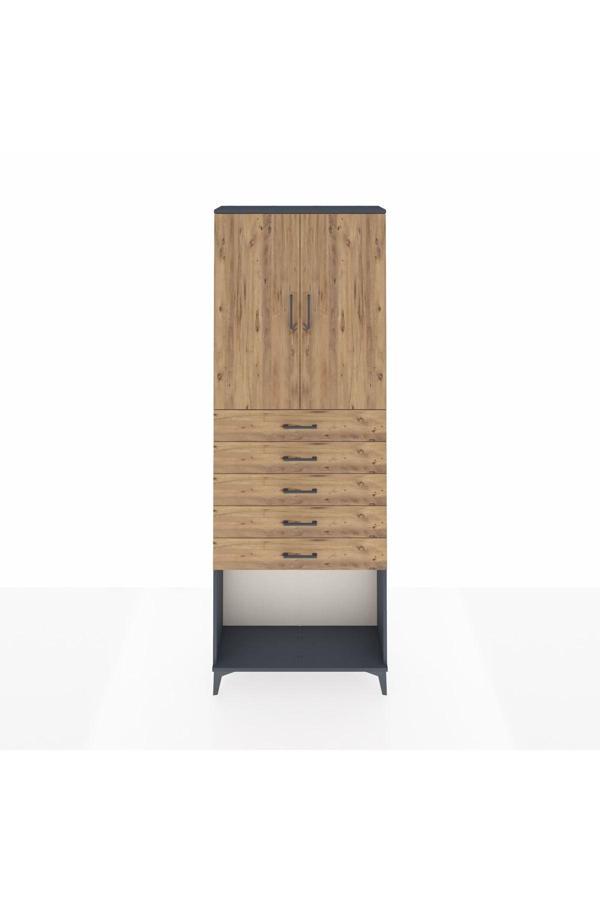 Dienni Arges Dolap 3 Raflı 5 Çekmeceli 2 Kapaklı 88 x 30 x 243 cm Antrasit - Çam - Image 1
