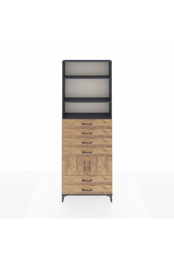 Dienni Arges Dolap 4 Raflı 6 Çekmeceli 2 Kapaklı 88 x 30 x 243 Antrasit-Çam - Image 1