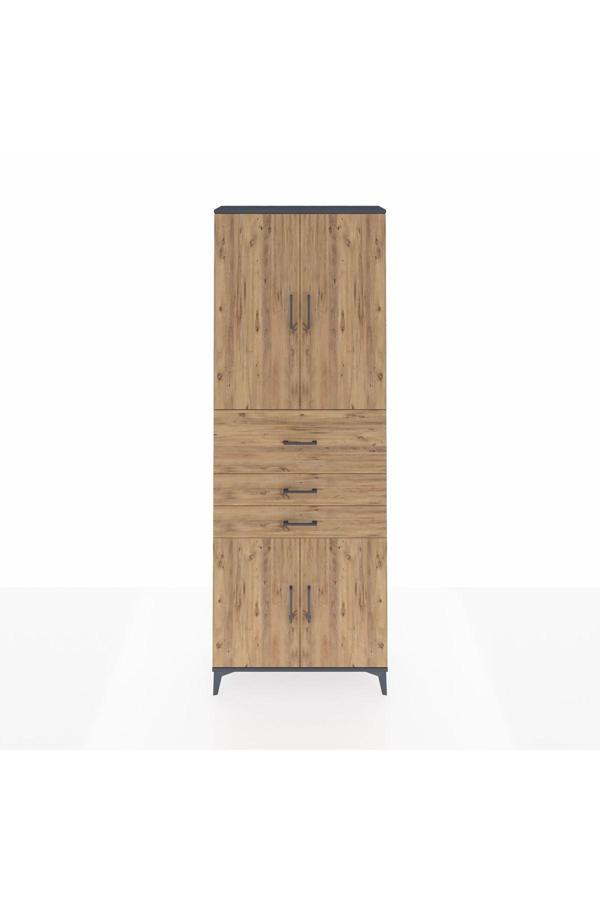 Dienni Arges Dolap 4 Raflı 3 Çekmeceli 4 Kapaklı 88 x 30 x 243 Antrasit-Çam - Image 1