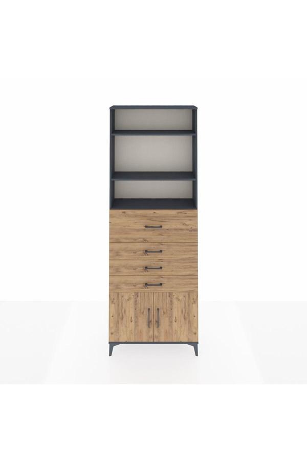 Dienni Arges Dolap 4 Raflı 4 Çekmeceli 2 Kapaklı 88 x 30 x 243 Antrasit-Çam - Image 1