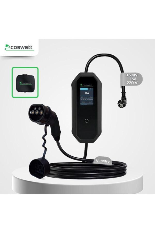 Coswatt Taşınabilir Elektrikli Araç Şarj Cihazı 16A 3,5Kw Monofaze 8 Metre Kablo (Türkçe Menü) - Image 1