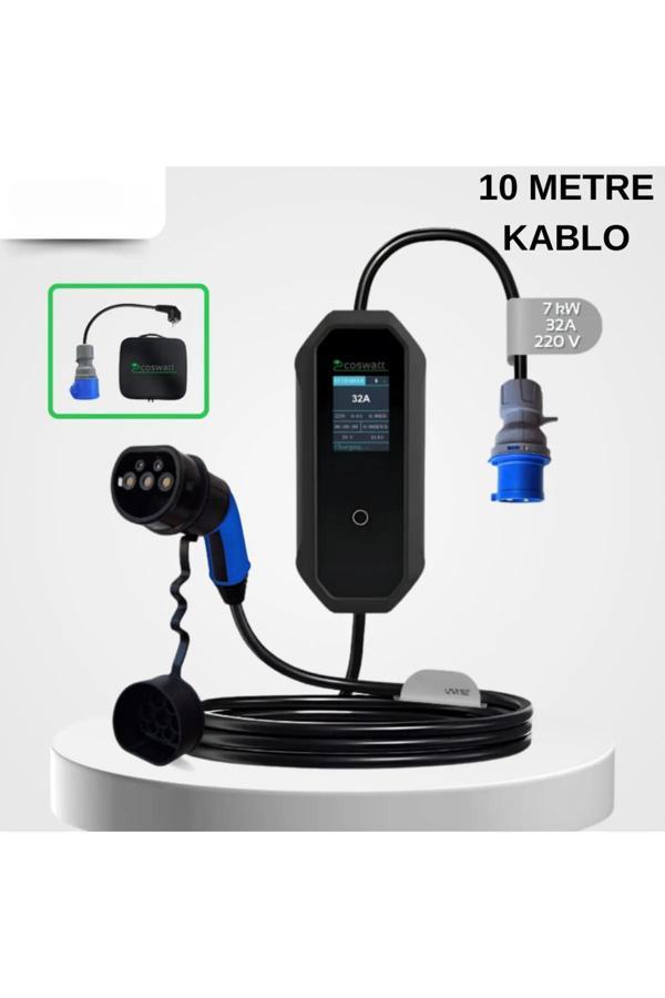 Coswatt Elektrikli Araç Taşınabilir Şarj Istasyonu 7 Kw 32A Tip-2 3X32A Türkçe Menü(10Metre Kablolu) - Image 1