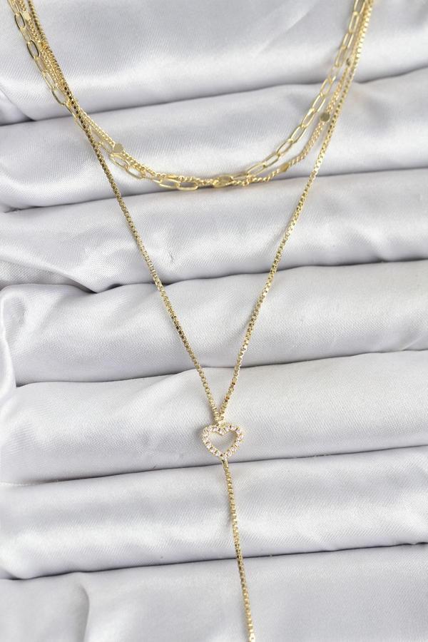 Pirinç Gold Renk Kalp Detaylı 3'lü Kombin Y Kadın Kolye - EBJ251115W38423 - Image 1