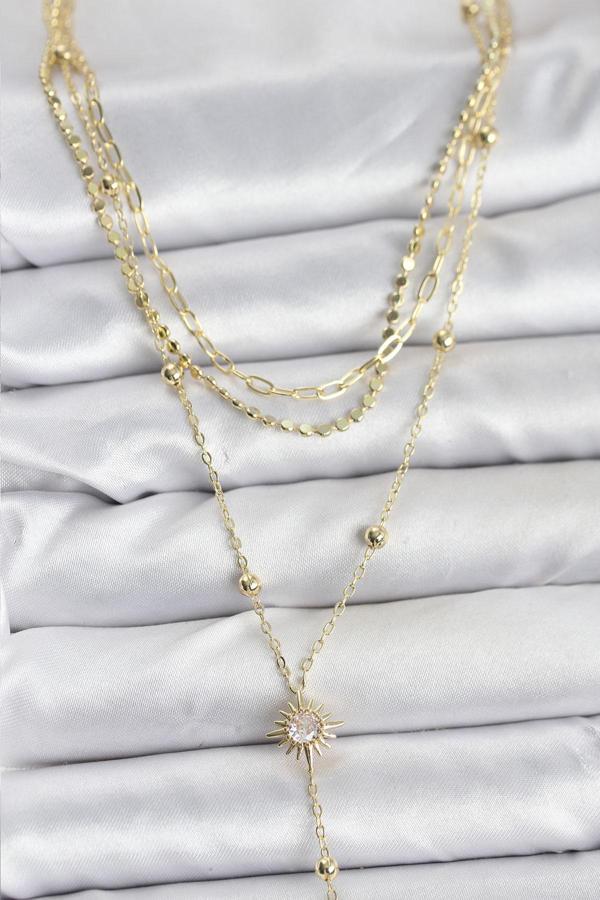 Pirinç Gold Renk Güneş Model Detaylı 3'lü Kombin Y Kadın Kolye - EBJ251115W38425 - Image 1