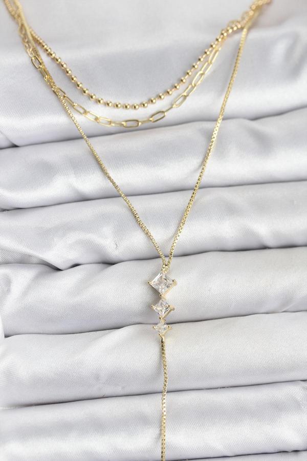 Pirinç Gold Renk Zirkon Taş Detaylı 3'lü Kombin Y Kadın Kolye - EBJ251115W38424 - Image 1