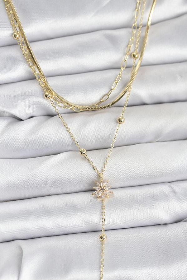 Pirinç Gold Renk Kutup Yıldızı Model Detaylı 3'lü Kombin Y Kadın Kolye - EBJ251115W38427 - Image 1