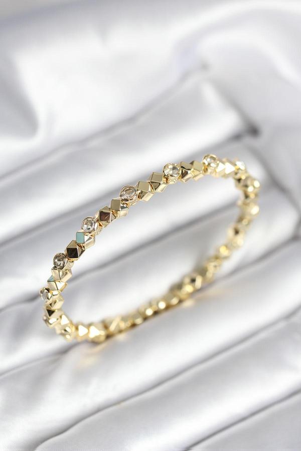 Zirkon Taşlı Küp Şerit Model Pirinç Gold Renk Kadın Bileklik - EBJ251010W38194 - Image 1