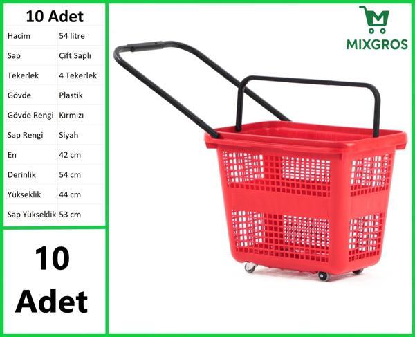 Tekerlekli Plastik Market Alışveriş El Sepeti 54 Litre Kırmızı 10 Adet - Image 1