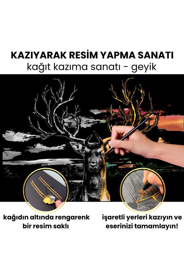 Minyaturia Kazıma Sanatı Hobi Seti – Geyik Scratch Art Çizim Tablosu, Hediyelik Hobi Kiti - Kalem Dahil, A3 - Image 1