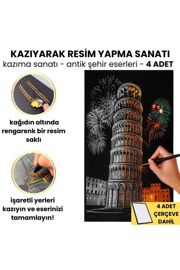 Minyaturia Kazıyarak Çizim Yapma Seti | Antik Şehir Eserleri - 4 Adet | Hobi Seti, Tablo Ve Kalem Dahil - Image 1