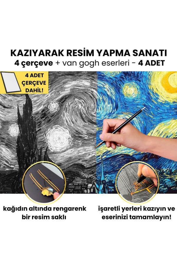 Minyaturia Kazıyarak Çizim Yapma Seti | Van Gogh Eserleri - 4 Adet | Hobi Seti, Tablo Ve Kalem Dahil - Image 1