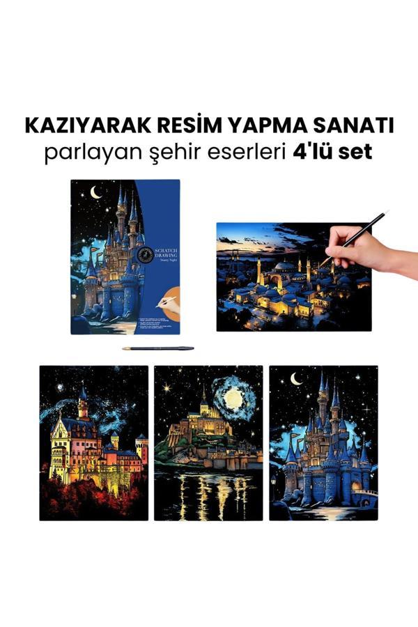 Minyaturia Kazıma Çizim Seti – Parlayan Şehir Eserleri 4 Adet | Hediyelik Hobi Seti - Kazıma Kağıdı A3 - Image 1