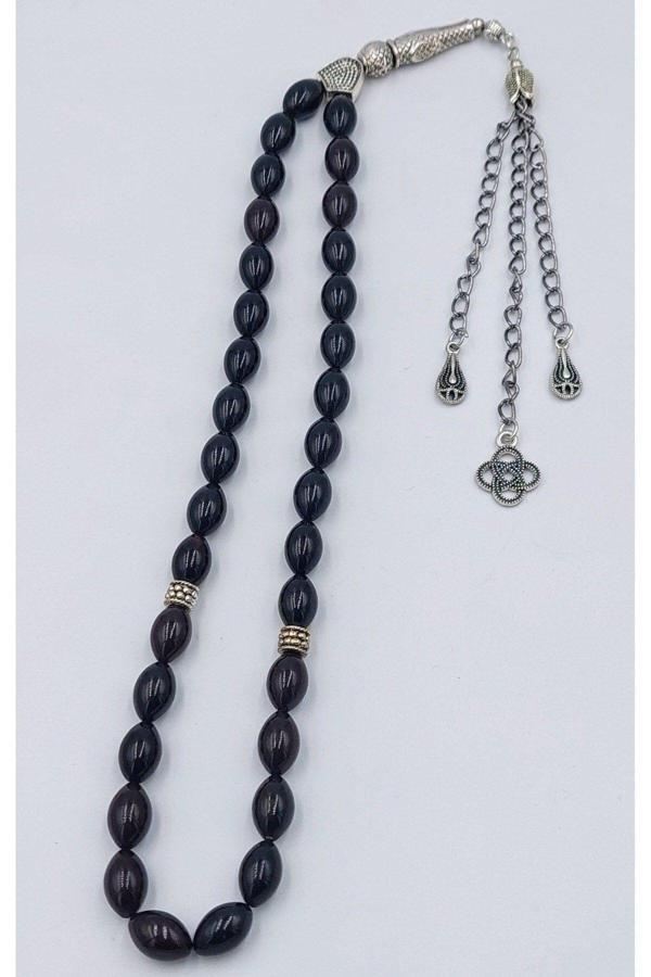 Siyah Alpaka Püsküllü Arpa Kesim Ateş Kehribar Tespih (AHŞAP KUTULU) - Image 1