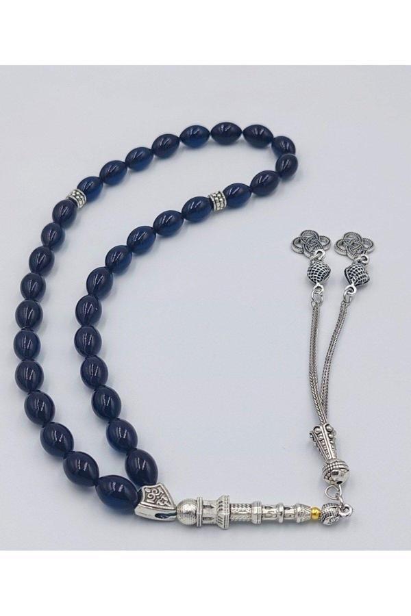 Siyah Mavi Arpa Kesim Alpaka Püsküllü Ateş Kehribar Tespih(AHŞAP KUTULU) - Image 1