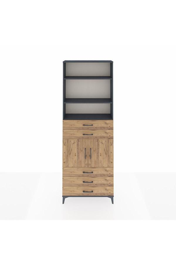 Arges Dolap 4 Raflı 5 Çekmeceli 2 Kapaklı 88x30x243 Antrasit-Çam - Image 1