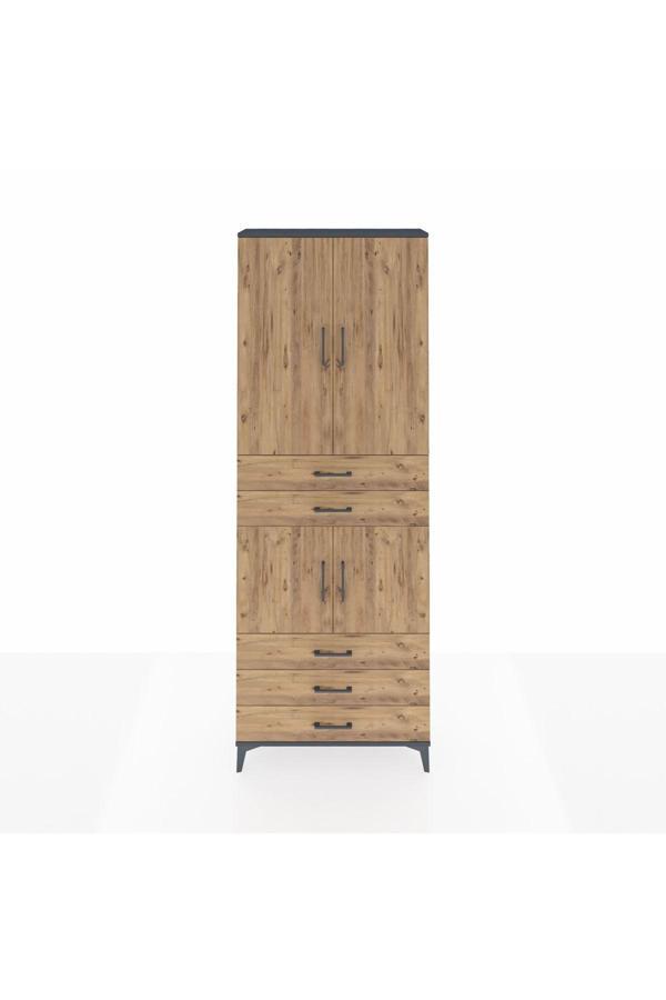 Arges Dolap 4 Raflı 5 Çekmeceli 4 Kapaklı 88x30x243 Antrasit-Çam - Image 1