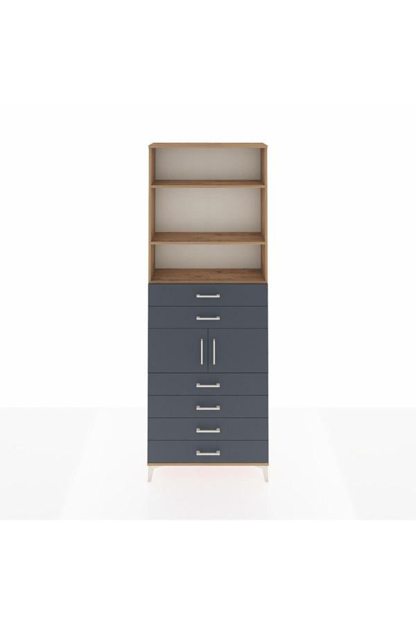 Arges Dolap 4 Raflı 6 Çekmeceli 2 Kapaklı 88x30x243 Çam-Antrasit - Image 1