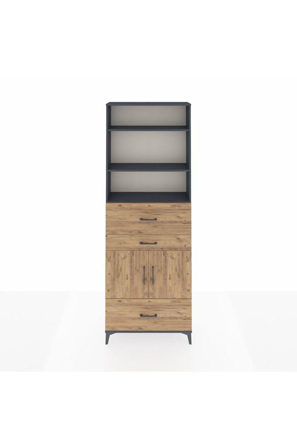 Arges Dolap 4 Raflı 3 Çekmeceli 2 Kapaklı 88x30x243 Antrasit-Çam - Image 1