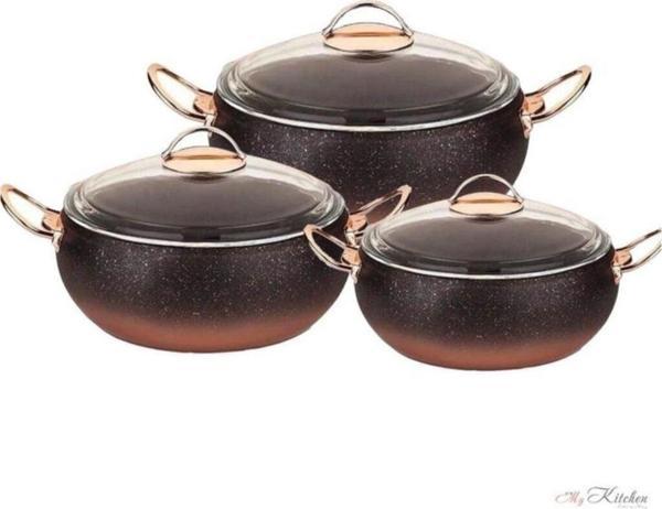 Oms 3031 6 Parça Bio Granit Yüksek Isıya Dayanıklı Borcam Kapaklı Küre Tencere Seti - Image 1