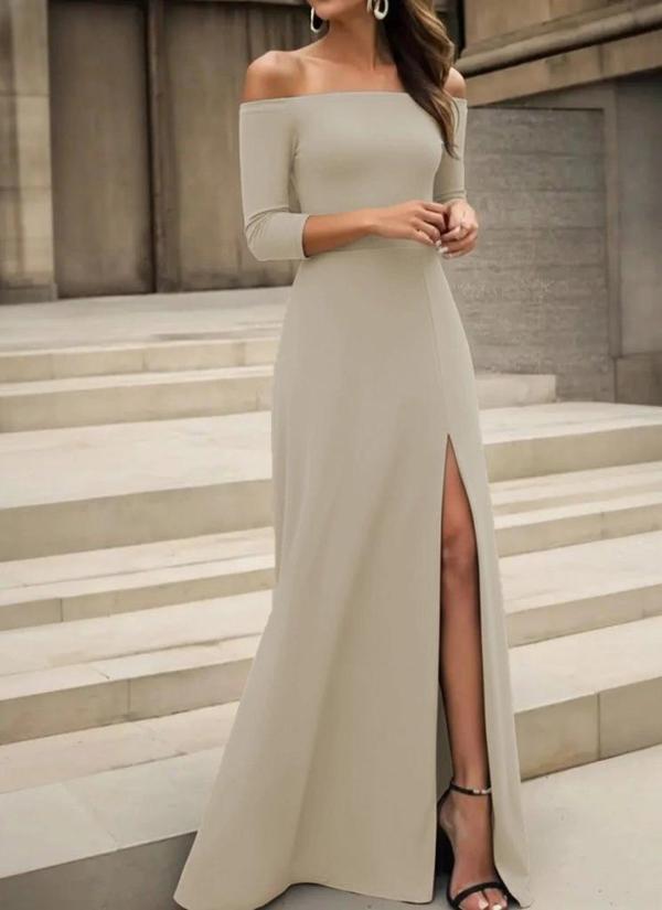 MDB Kadın Uzun Kollu Madonna Yakalı Yırtmaç Detaylı Uzun Ithal Krep Elbise - Image 1