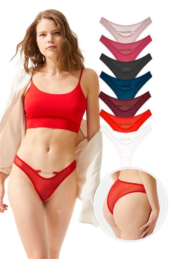 Tüllü Transparan Zincir Detaylı Kadın Brezilya Külot 7'li Paket - Image 1