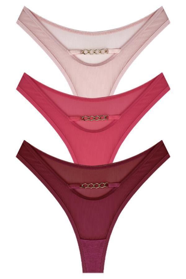 Tüllü Transparan Zincir Detaylı Kadın Brezilya Külot 3'lü Paket - Image 1