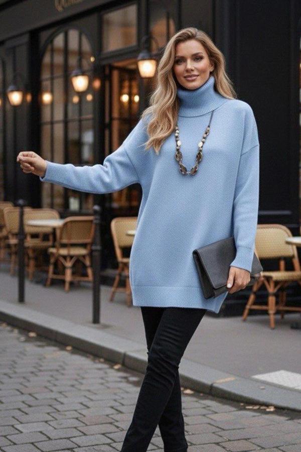 Degaje Yaka Triko Bluz Mavi + Hediye Kolye - Image 1