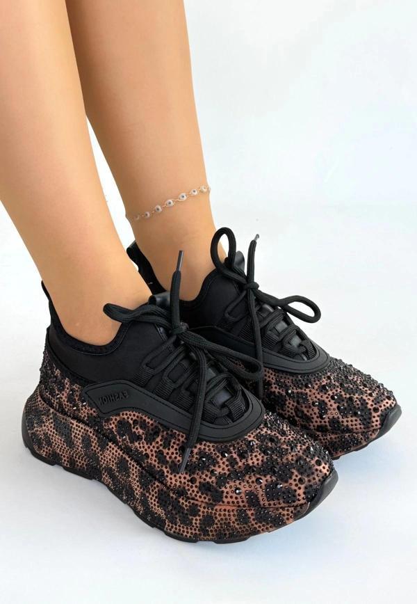 BİÇOMİ Rimay Kahverengi Cilt Boncuk İşlemeli Spor Ayakkabı - Image 1