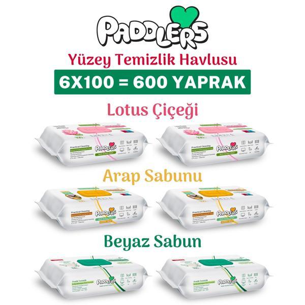 Paddlers Easy Clean Lotus Çiçeği & Arap Sabunu & Beyaz Sabun Katkılı Yüzey Temizlik Havlusu 6x100 (600 Yaprak) - Image 1