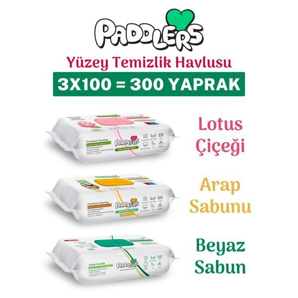 Paddlers Easy Clean Lotus Çiçeği & Arap Sabunu & Beyaz Sabun Katkılı Yüzey Temizlik Havlusu 3x100 (300 Yaprak) - Image 1