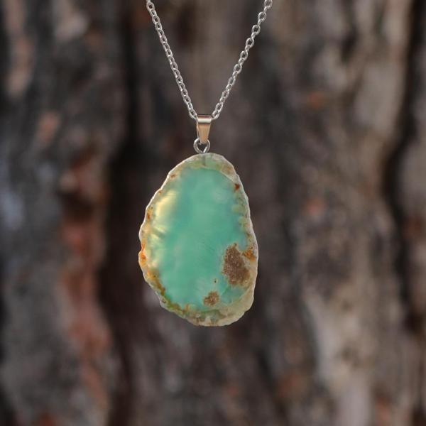 Yeşil Akik Taşı Dilim Kolye – Çelik Zincirli - Image 1