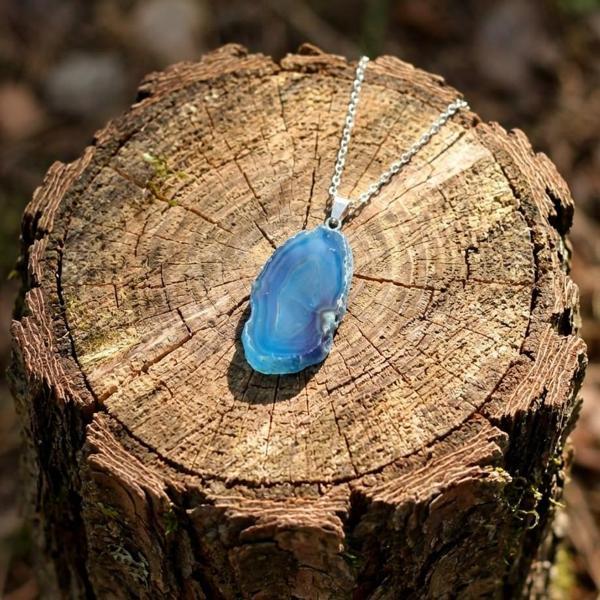 Mavi Akik Taşı Dilim Kolye – Çelik Zincirli - Image 1