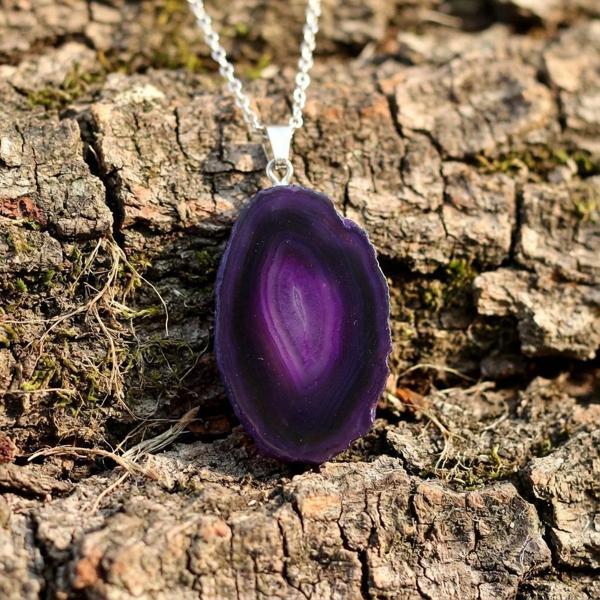 Mor Akik Taşı Dilim Kolye – Çelik Zincirli - Image 1