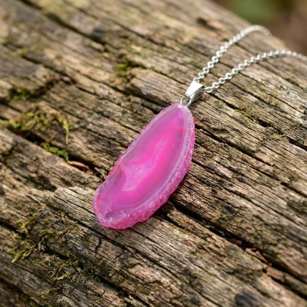 Pembe Akik Taşı Dilim Kolye – Çelik Zincirli - Image 1