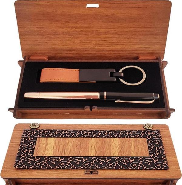 Ahşap Kutulu Bakır Roller Kalem Taba Anahtarlık Set - Image 1