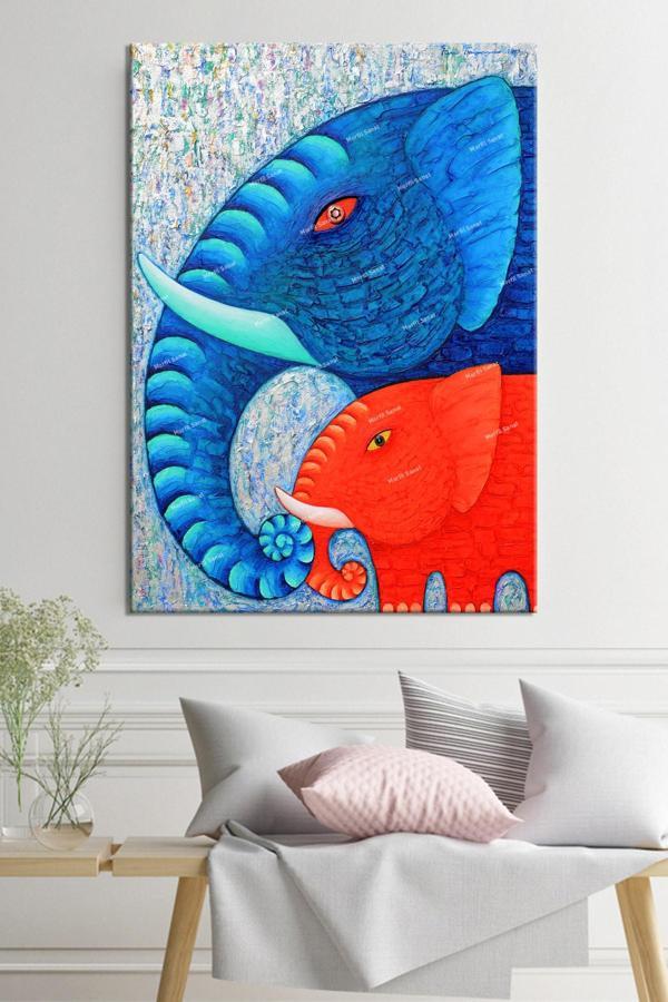 Morfil Sanat Atölyesi Fil Ve Yavrusu Muhteşem Kalitede Dekoratif Kanvas Tablo - Image 1