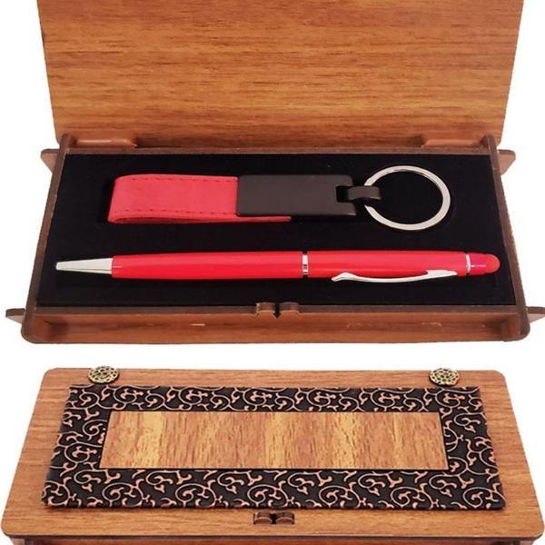Ahşap Kutulu Kırmızı Kalem Ve Anahtarlık Set - Image 1